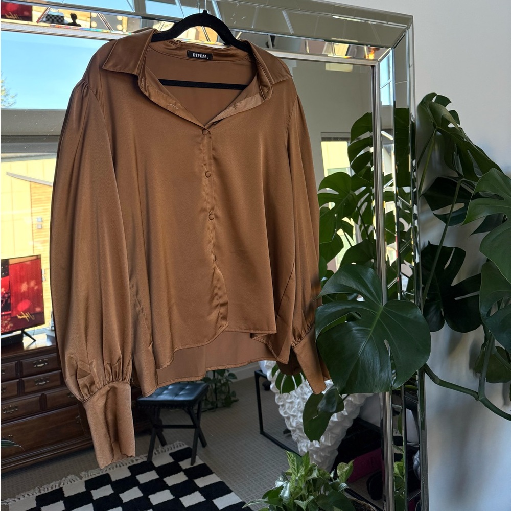 5/$25 - BTFBM | Bronze Satin Button Down Blouse - Picture 5 of 5